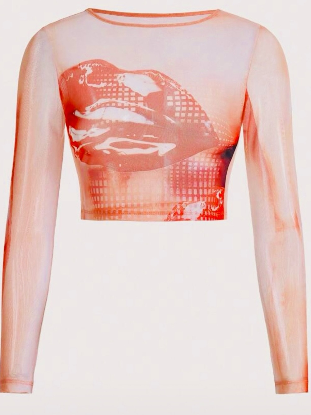 SHEIN Coral Pink Sheer Long-Sleeve Lip Graphic Crop Top sm